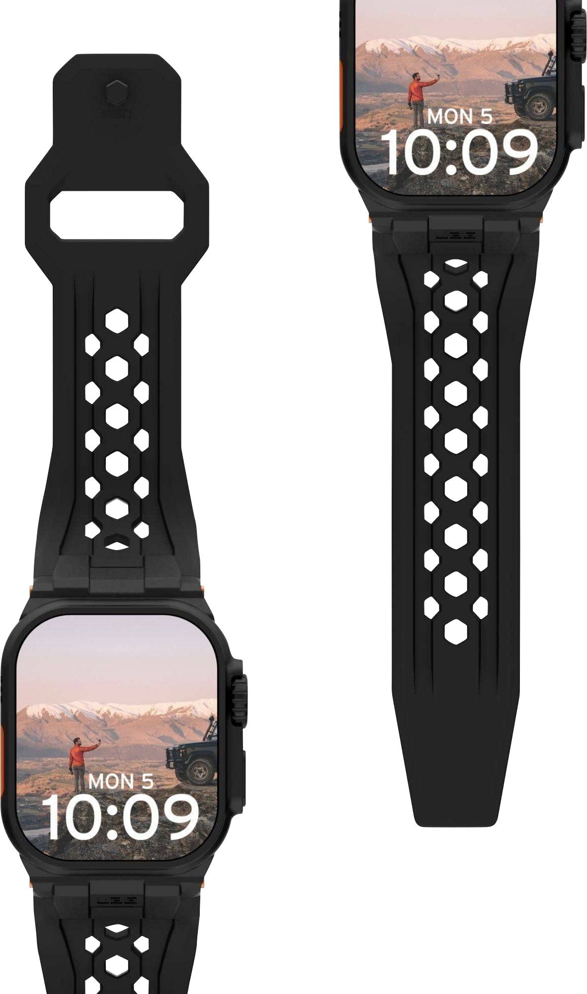 Deux montres connectées affichent la même heure et la même date, sur un fond de paysage montagneux. Une personne se tient debout, bras levés, à côté d'un véhicule.