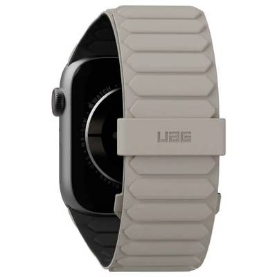 Montre connectée avec bracelet en silicone UAG couleur taupe et un écran visible affichant l'heure.