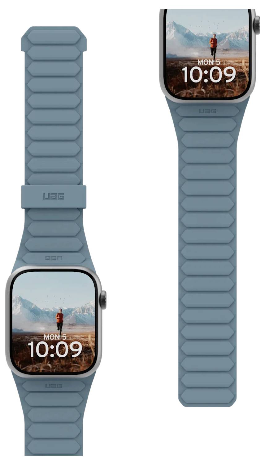 Montre intelligente bleue avec un cadran rectangulaire affichant l'heure '10:09' et la date 'Lun 5' sur une image de paysage montagneux. Le bracelet présente un design segmenté.