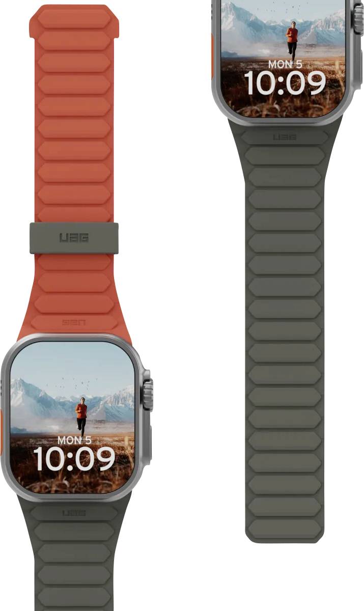 Deux montres connectées avec des bracelets robustes affichent une photo d'une personne dans un paysage montagneux et montrent l'heure et la date comme « LUN 5 » et « 10:09 ».