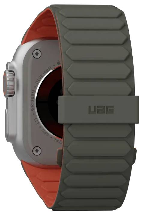 Une montre connectée avec un boîtier métallique et un bracelet robuste gris-orange. La vue arrière met en évidence la marque « UAG » sur le bracelet.