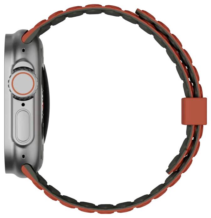 Vue latérale d'une montre connectée avec un bracelet tressé robuste de couleurs orange et noir, mettant en évidence la couronne et le bouton visibles sur le côté.