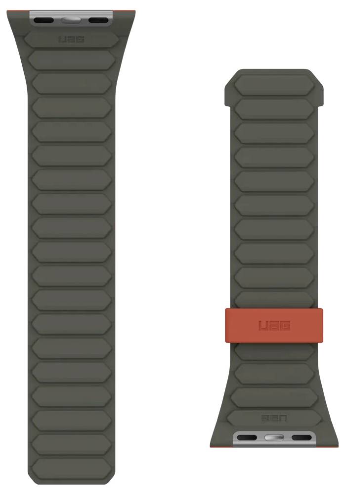 Bracelet de montre vert foncé à texture rugueuse, doté d'une fermeture rouge, arborant un design moderne et robuste. Le nom de la marque 'UAG' est subtilement gravé.