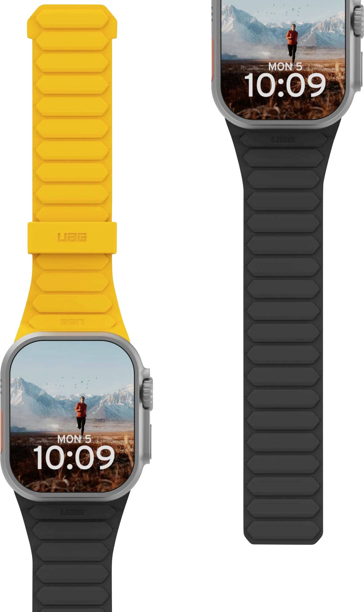 Deux montres connectées avec des bracelets robustes. Une montre a un bracelet orange vif, l'autre un bracelet gris foncé. Les deux affichent l'heure 10:09.