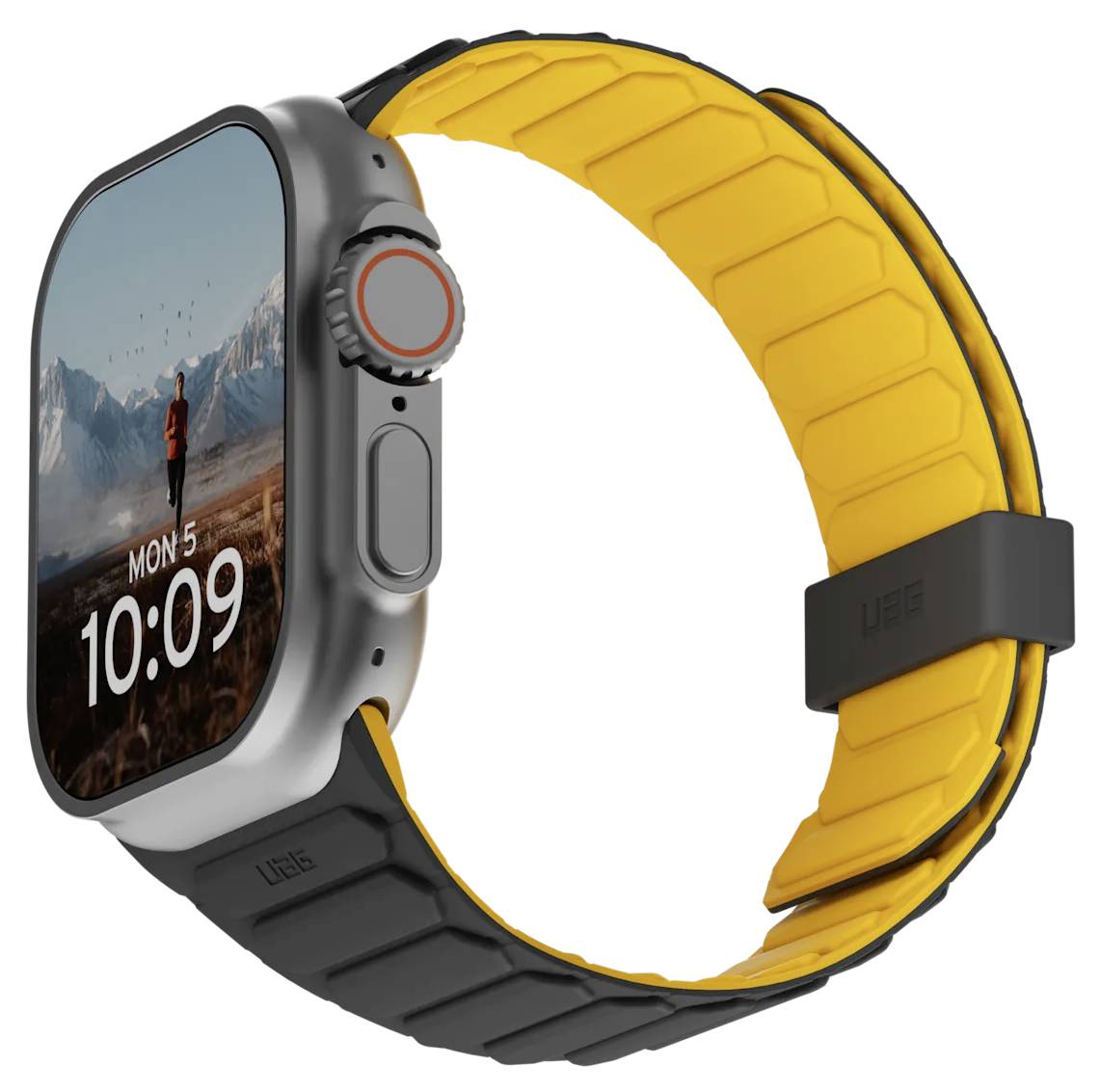 Montre connectée avec un grand écran affichant l'heure '10:09' et la date 'Lun 5'. Elle présente un design robuste et un bracelet jaune et noir.