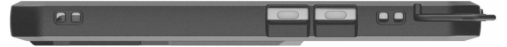 Un appareil rectangulaire noir avec des boutons et un connecteur en saillie à une extrémité, vu de profil.