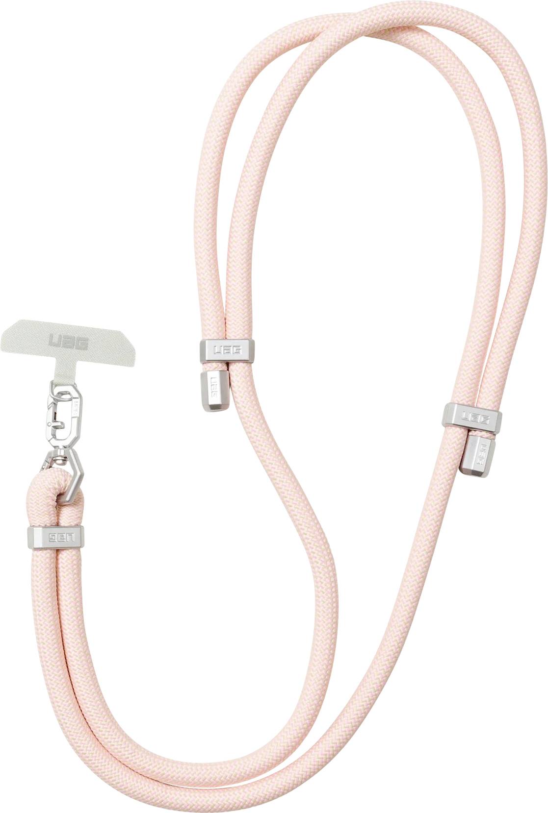 Une lanière tressée rose avec des fermoirs argentés, conçue pour être attachée aux accessoires.