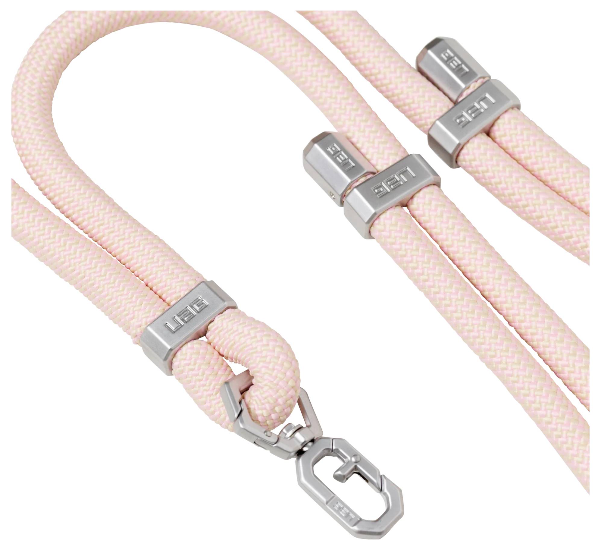 Cordons tressés roses avec fermoirs et crochets métalliques, étiquetés 'UGI', probablement conçus pour attacher ou ajuster.