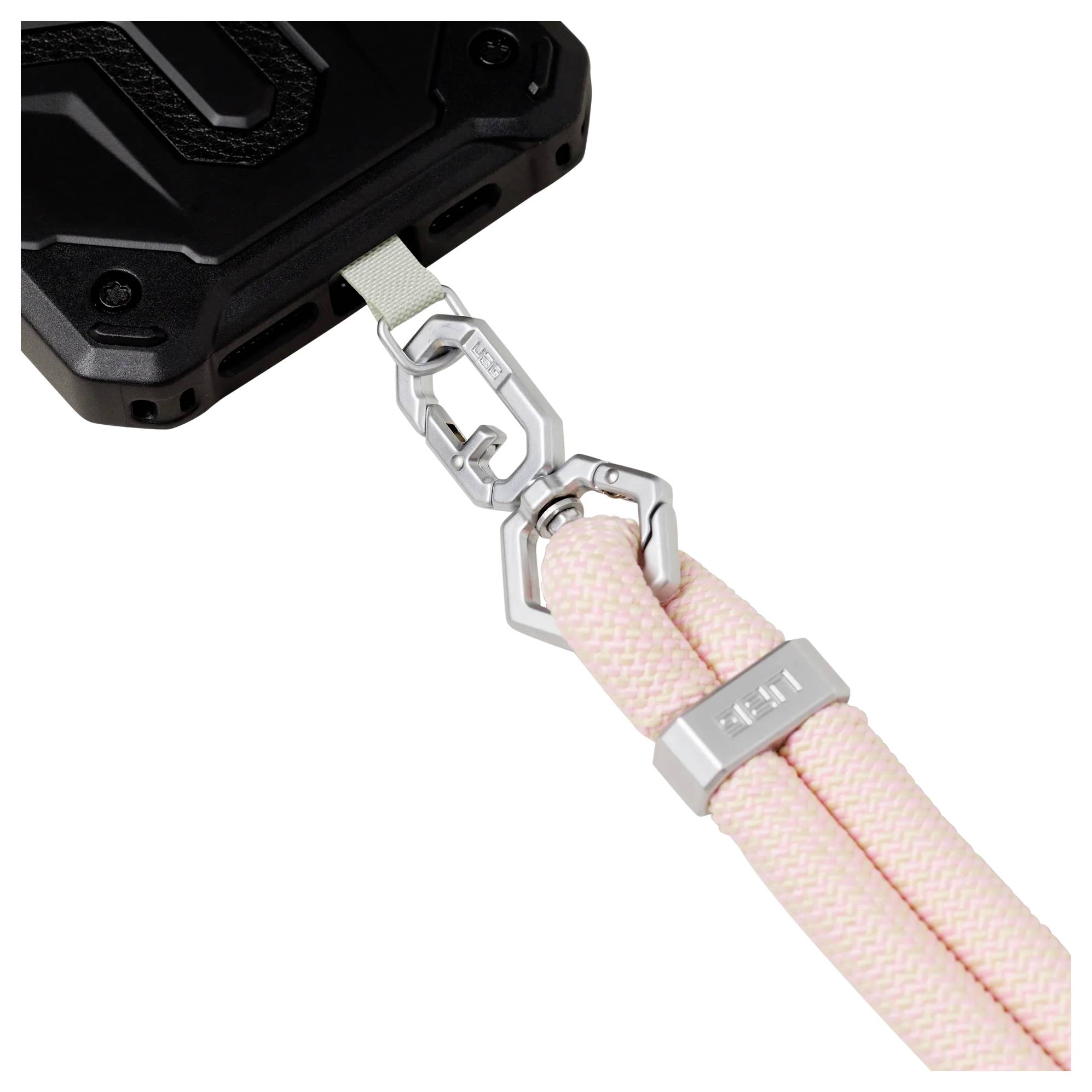 Un étui de téléphone doté d'un cordon rose et résistant, fixé par un crochet métallique, conçu pour un transport sécurisé et une utilisation sans les mains.