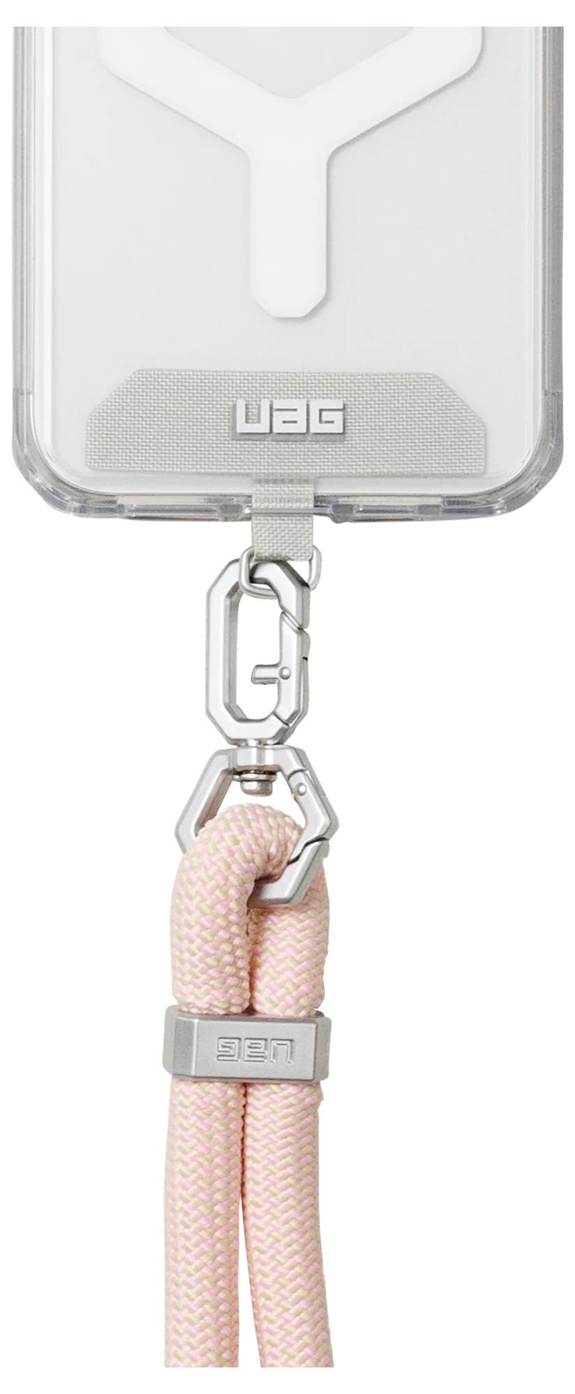 Étui de téléphone avec une lanière rose amovible fixée par un clip en métal.