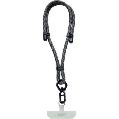 Une laisse de dressage tressée en gris et noir, dotée de mousquetons pivotants et d'une poignée en forme de T pour l'entraînement ou le contrôle, fixée à la base.