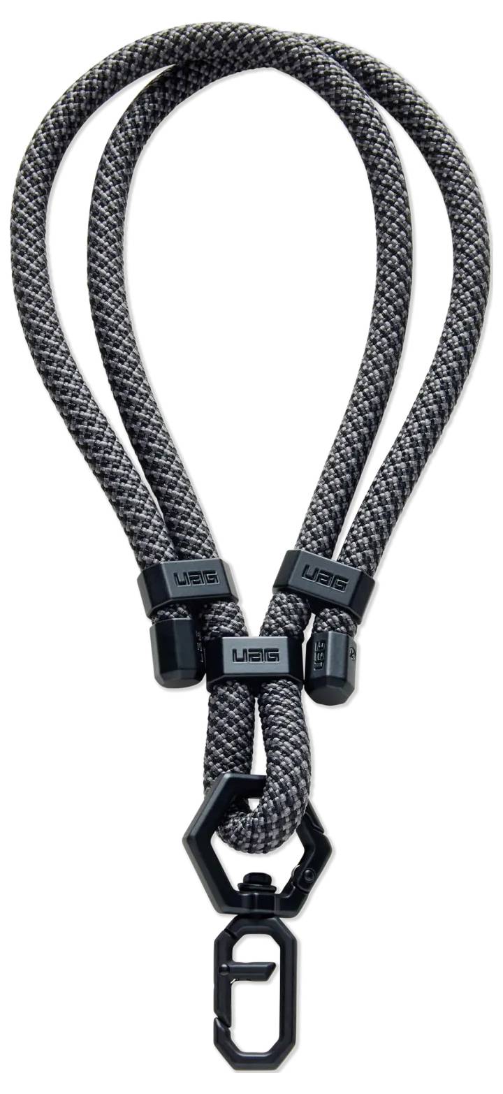Un cordon durable, tressé en noir et gris, avec des clips en plastique et un crochet d'attache, adapté pour porter des clés ou de petits objets.