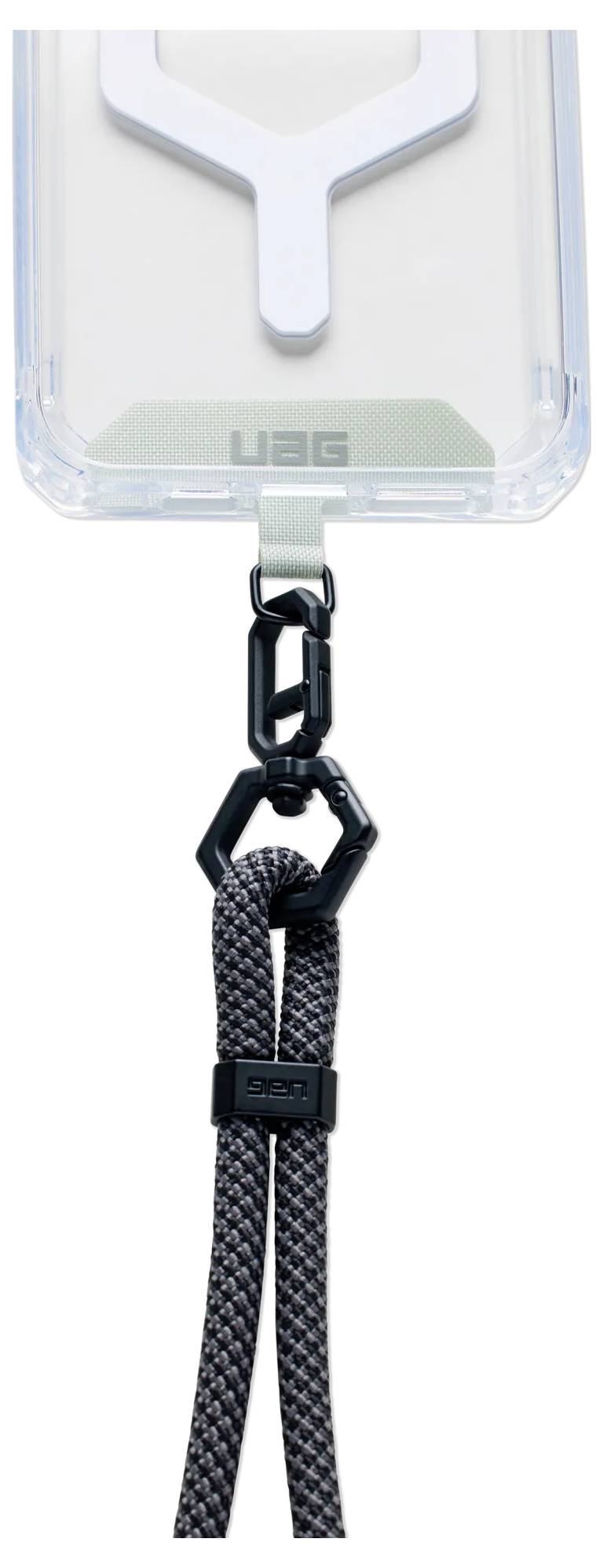 Un étui de téléphone transparent avec un logo bien visible, muni d'un mousqueton noir attaché à un cordon tressé gris, conçu pour faciliter le transport.