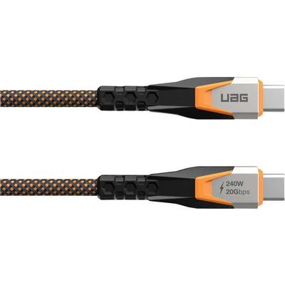 « Un câble USB-C tressé avec des accents noirs et orange, étiqueté « UAG » et « 240W 20Gbps », conçu pour une charge rapide et un transfert de données à haute vitesse. »
