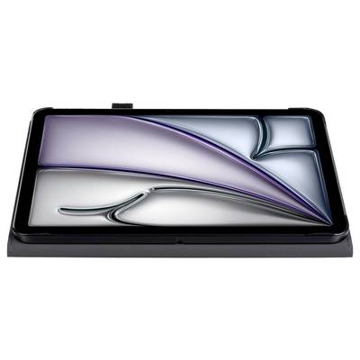 Une tablette avec un design géométrique abstrait à l'écran, présentant des lignes douces et courbes dans des tons de violet, de bleu et de gris.