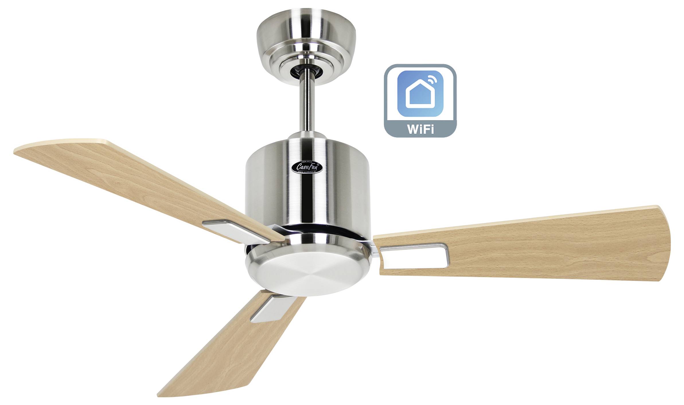 Ventilateur de plafond avec trois pales en bois et une finition métallique, doté d'une connectivité WiFi comme l'indique une petite icône.