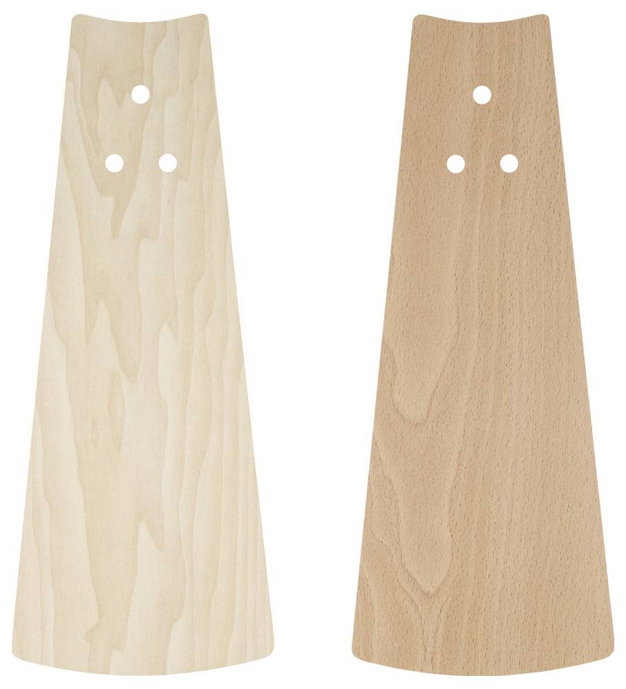Deux pales de ventilateur en bois avec des veines de bois distinctes et trois trous de montage chacune, présentées côte à côte sur un fond uni.