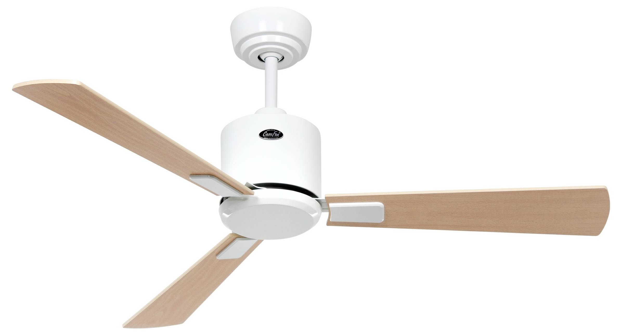 Un ventilateur de plafond moderne avec un boîtier moteur blanc et trois pales de couleur bois, conçu pour une circulation d'air efficace dans une pièce.