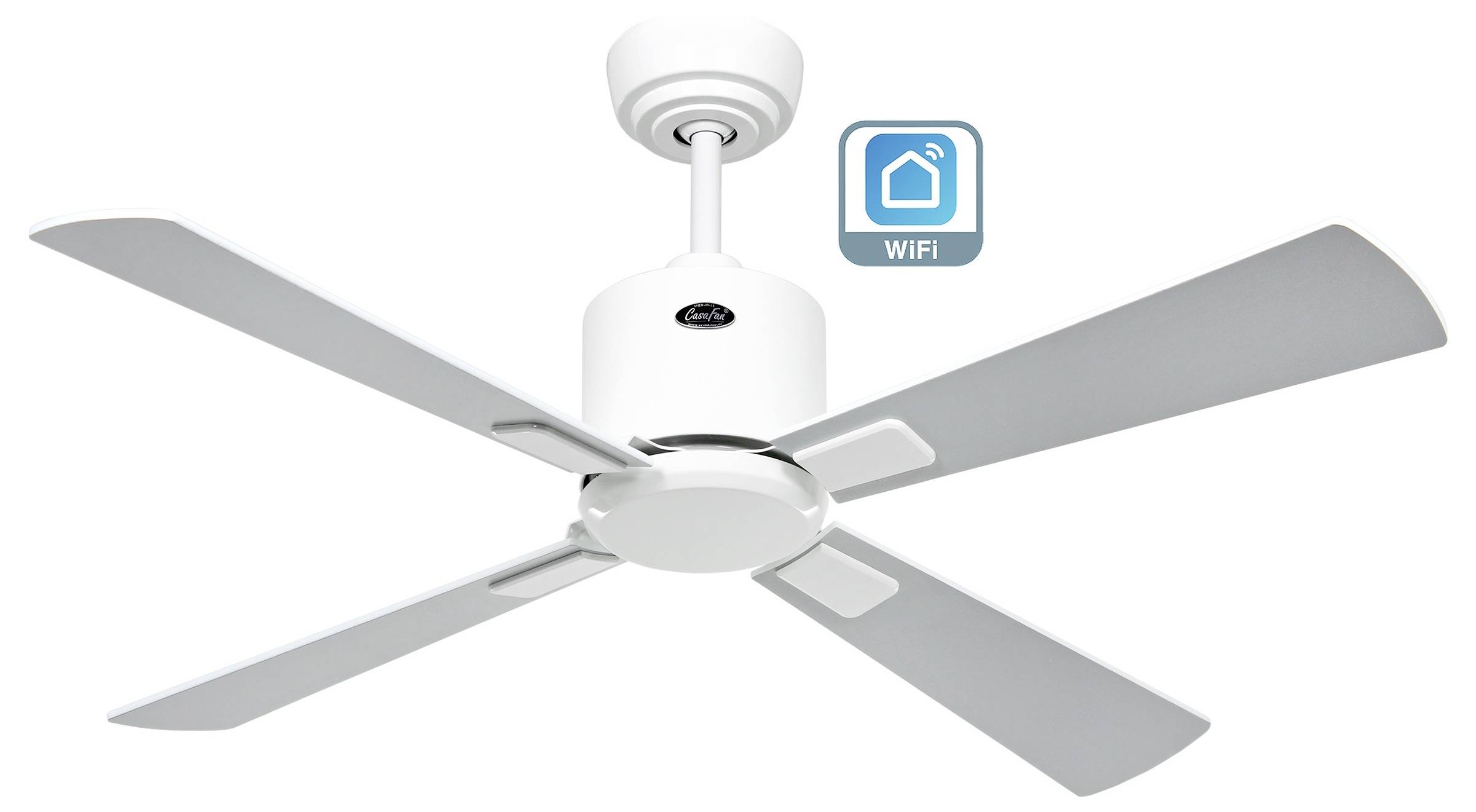 Un ventilateur de plafond blanc à quatre pales dispose d'une connectivité WiFi intelligente, indiquée par un symbole WiFi, suggérant une capacité de contrôle à distance.