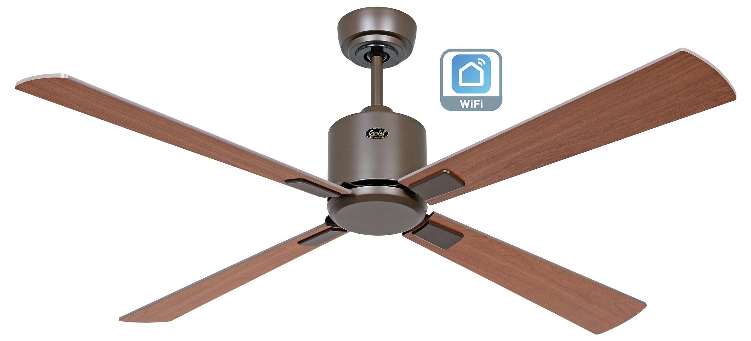 Ventilateur de plafond avec quatre pales en bois, finition métallique, et un symbole de connectivité Wi-Fi, indiquant une compatibilité avec la maison intelligente.