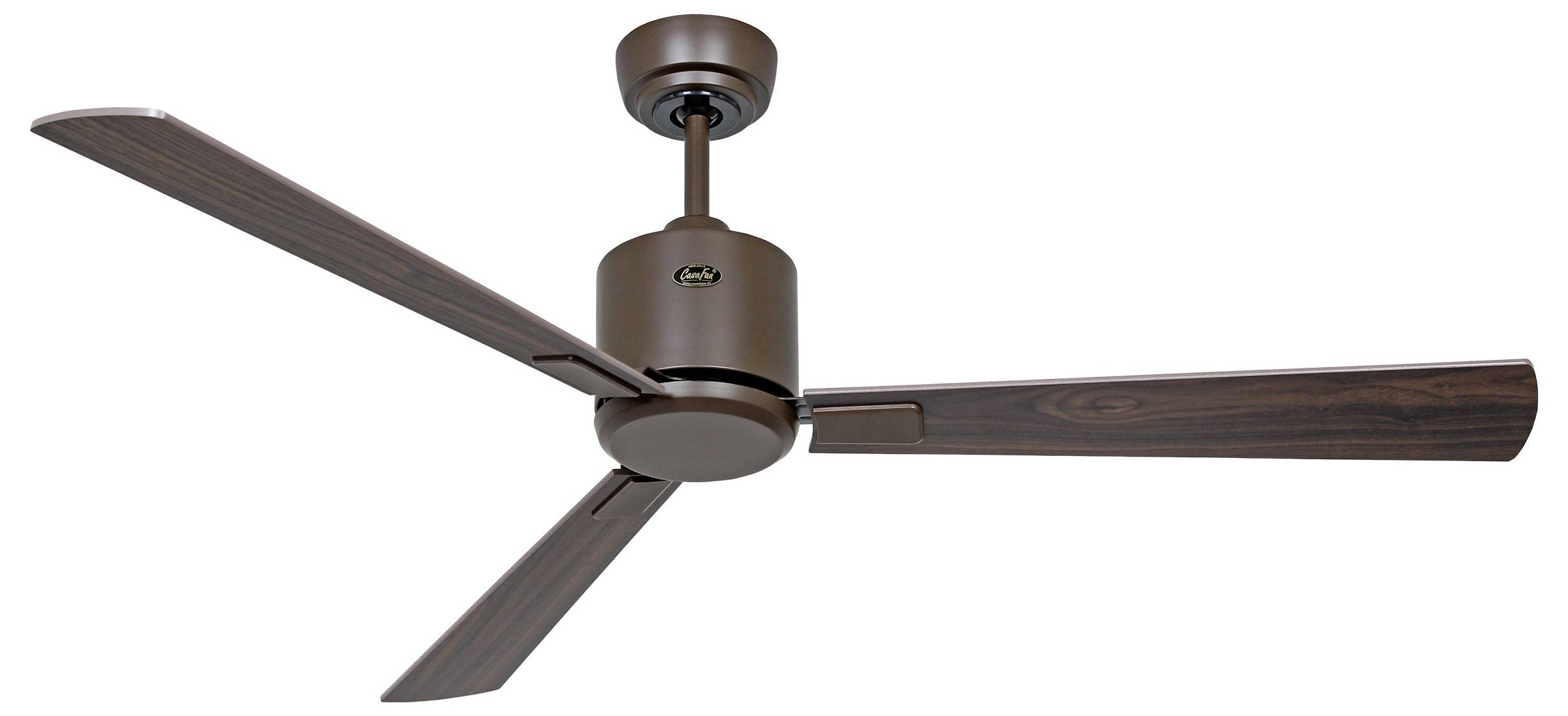 Un ventilateur de plafond marron avec trois pales en bois et un design moderne, adapté à un usage domestique ou professionnel.