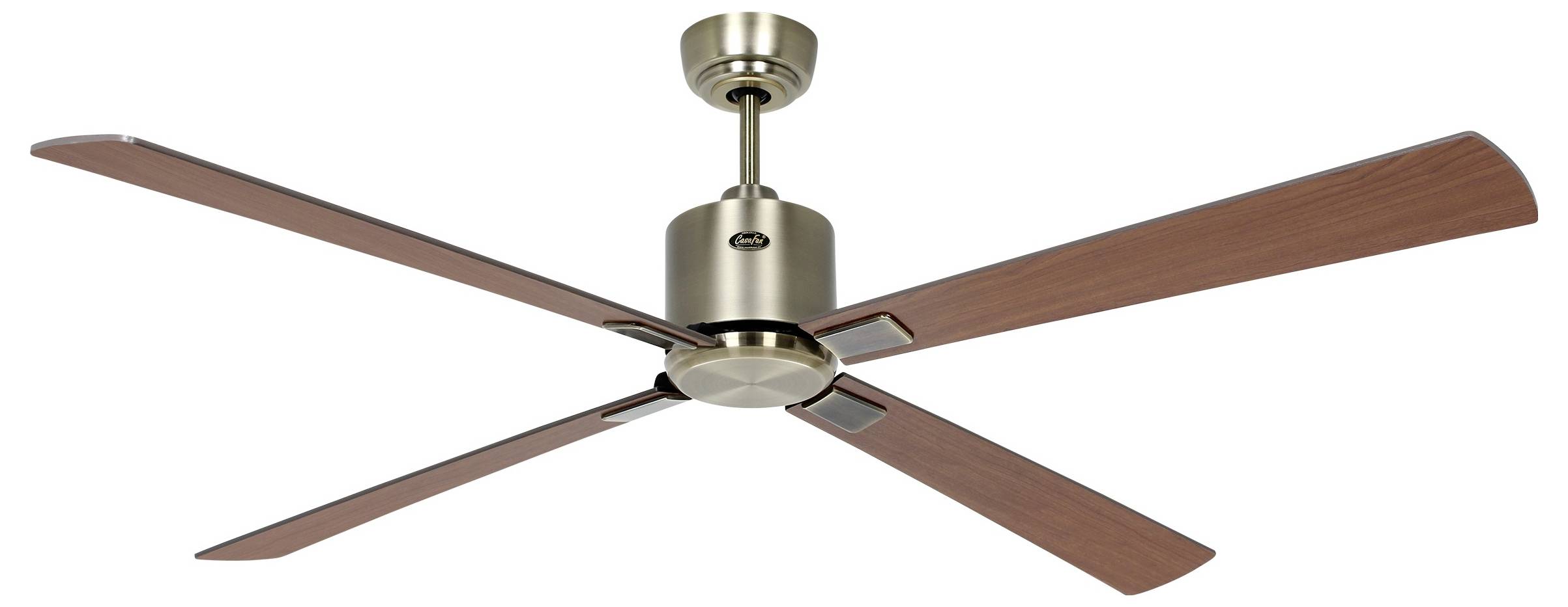 Ventilateur de plafond avec quatre pales en bois et une finition métallique, suspendu au plafond, conçu pour le refroidissement domestique et la circulation de l'air.