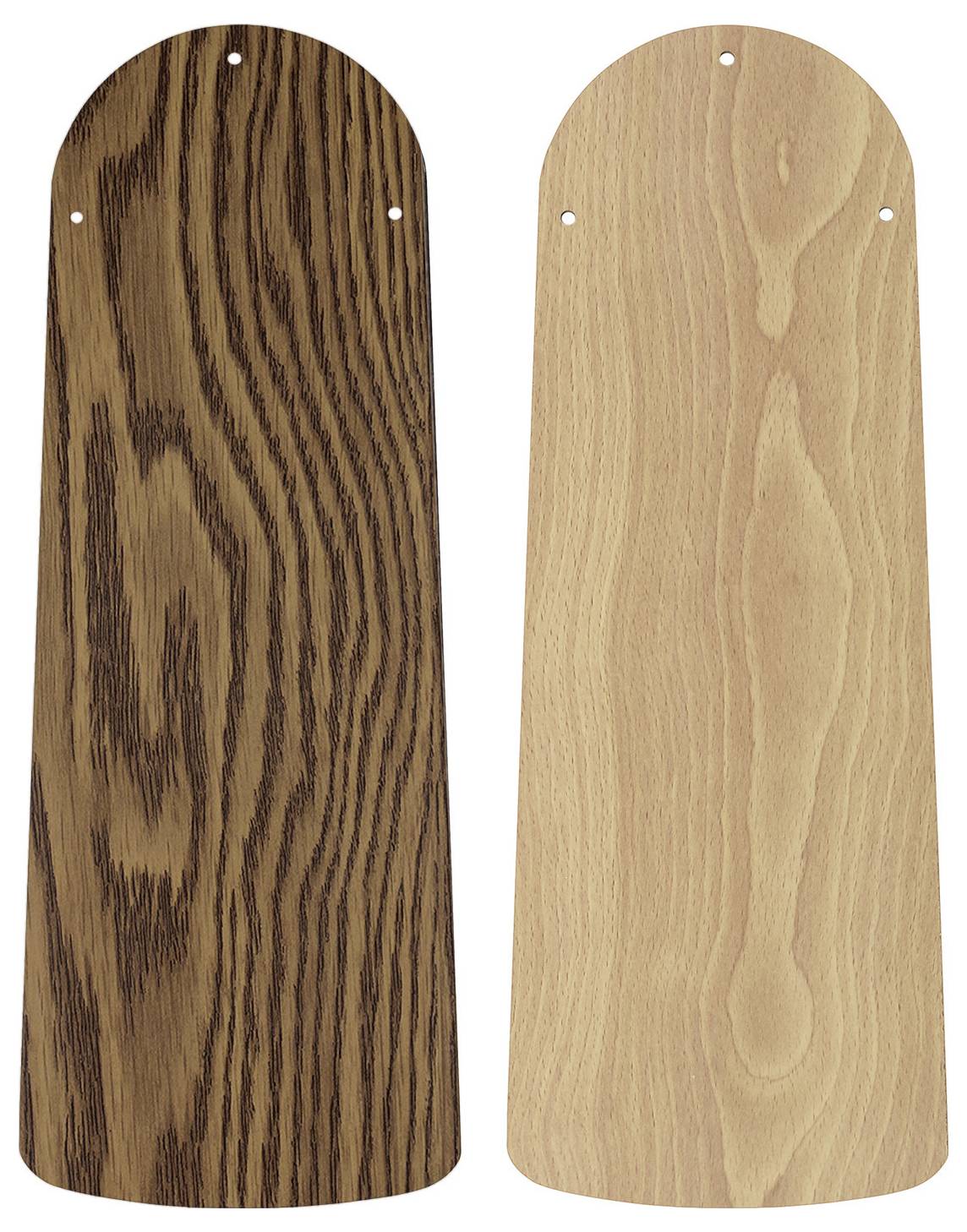 Deux pales de ventilateur en bois sont présentées côte à côte. La pale de gauche présente un motif de veinage du bois foncé, tandis que la pale de droite a une finition de veinage du bois claire.