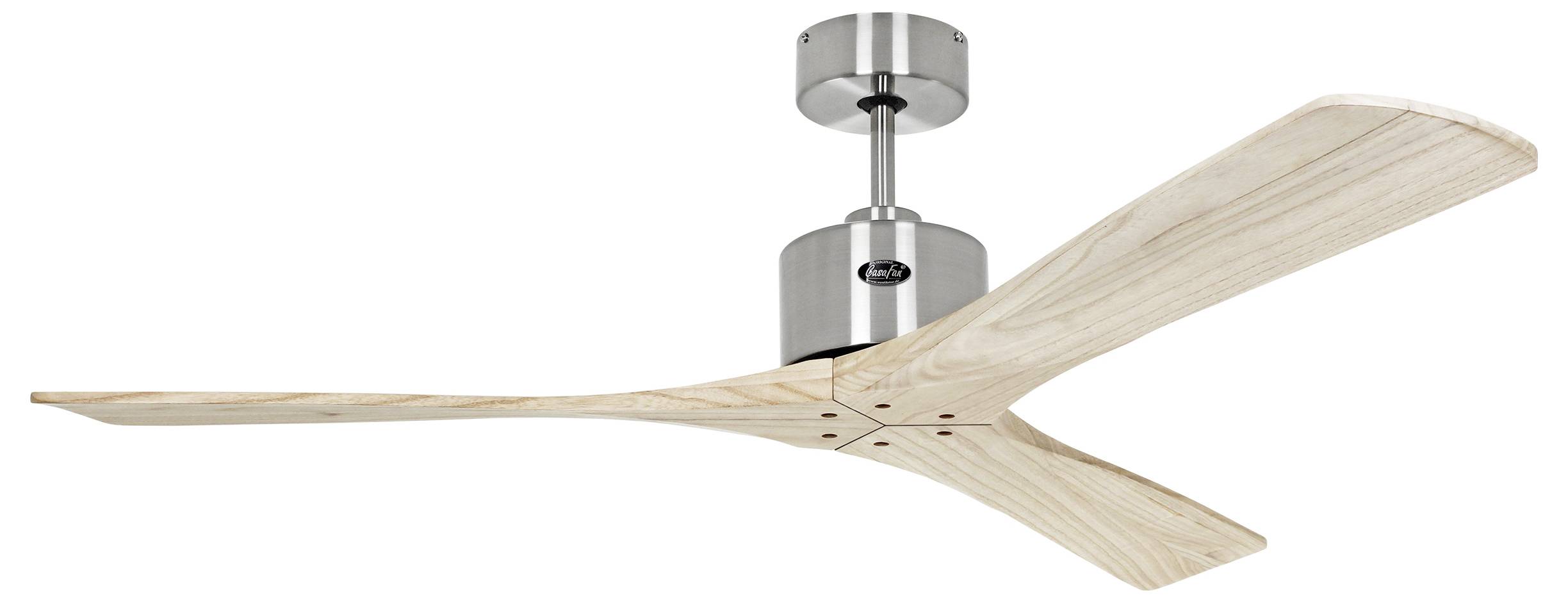 Un ventilateur de plafond moderne avec deux pales en bois courbées et une base métallique, monté sur un support cylindrique.