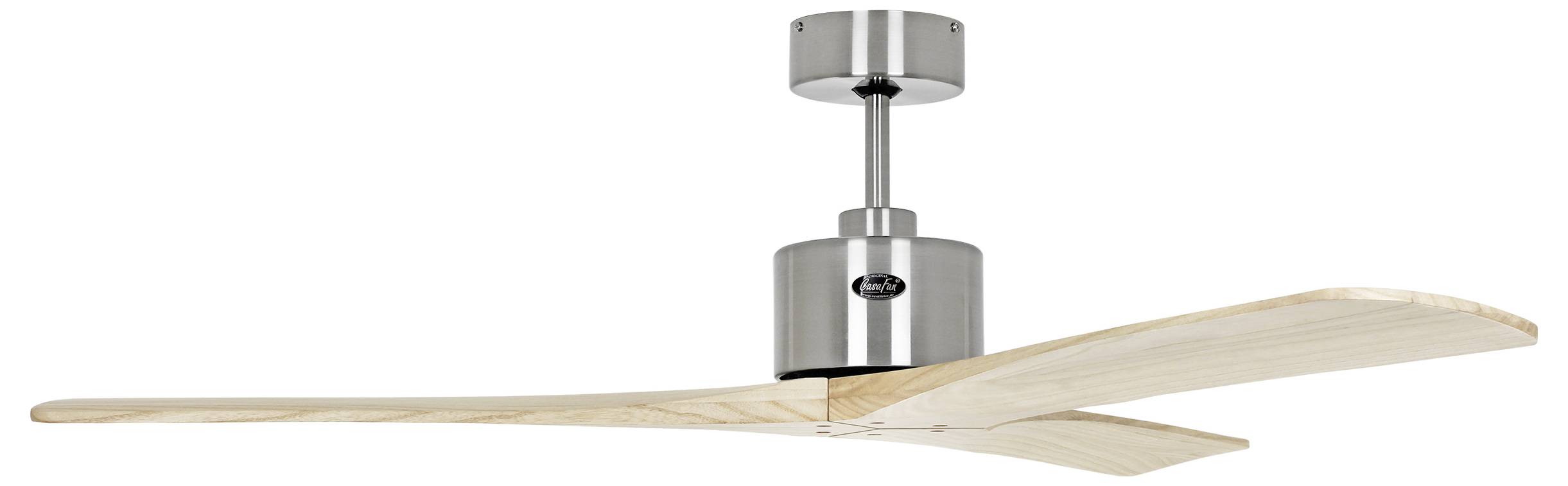 Un ventilateur de plafond moderne avec deux pales en bois et une base métallique, conçu pour la fonctionnalité et l'attrait esthétique.