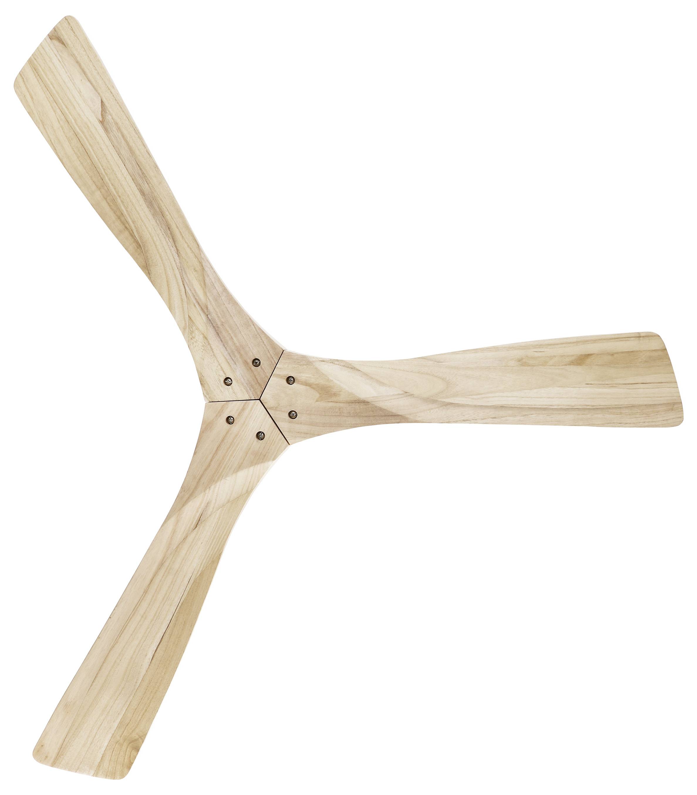 Un ventilateur de plafond en bois à trois pales vu d'en bas sur un fond blanc.