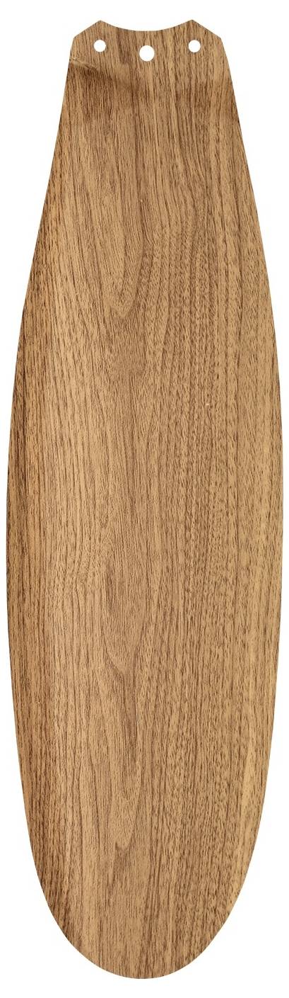 Une pale de ventilateur de plafond en bois avec une finition naturelle lisse et deux trous de montage en haut.