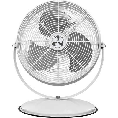 Un ventilateur de bureau blanc oscillant, doté d'une grille métallique et de trois pales, installé sur un support incurvé. Le ventilateur est éteint.