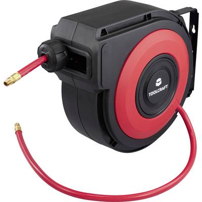 Enrouleur de tuyau pneumatique rouge rétractable avec boîtier noir monté sur un support mural, adapté pour organiser et ranger les tuyaux pneumatiques.