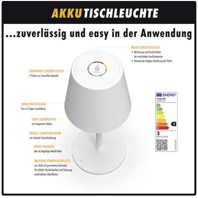 'AKKU LAMPE DE TABLE' avec choix de couleur, mode tactile, batterie amovible, abat-jour en métal et socle magnétique. Étiquette énergétique à droite.