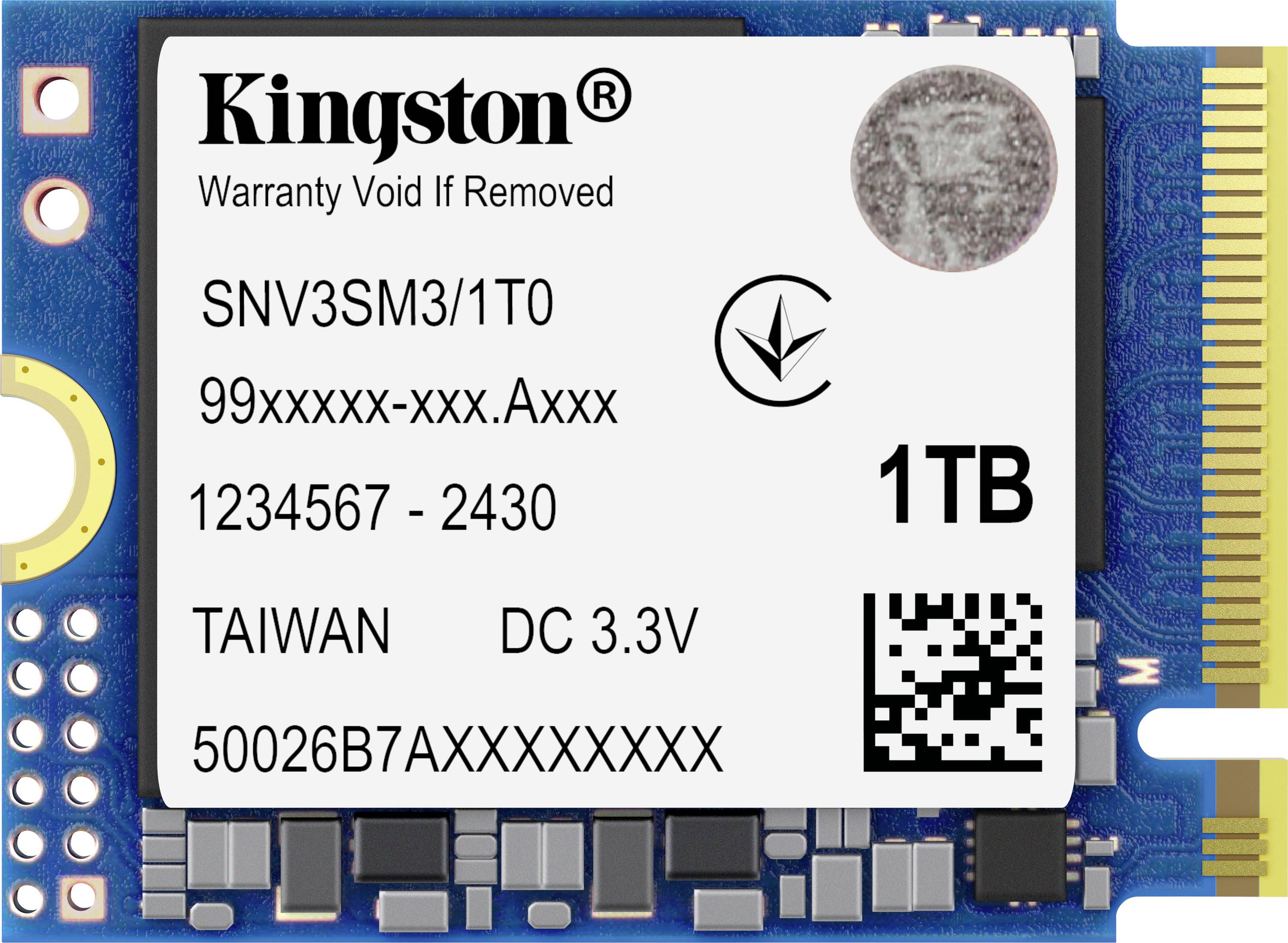 Un SSD Kingston bleu avec une étiquette indiquant une capacité de '1 To', un code produit 'SNV3SM3/1T0', et un sceau de garantie argenté.