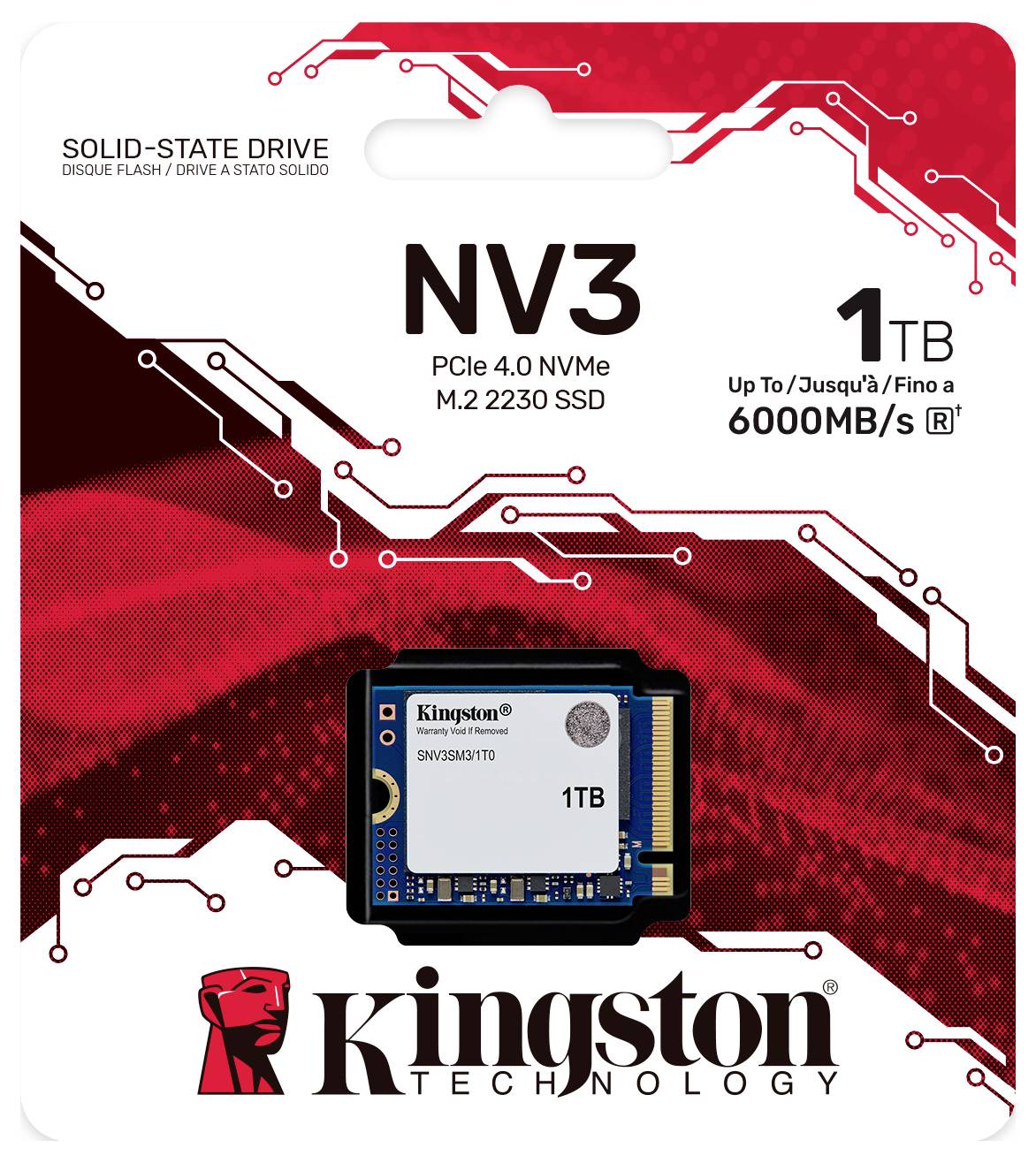 Emballage pour SSD Kingston NV3 PCIe 4.0 NVMe M.2 2230, capacité de 1 To. Caractéristiques : vitesse de lecture de 6000 Mo/s. Schéma de couleurs rouge et blanc.