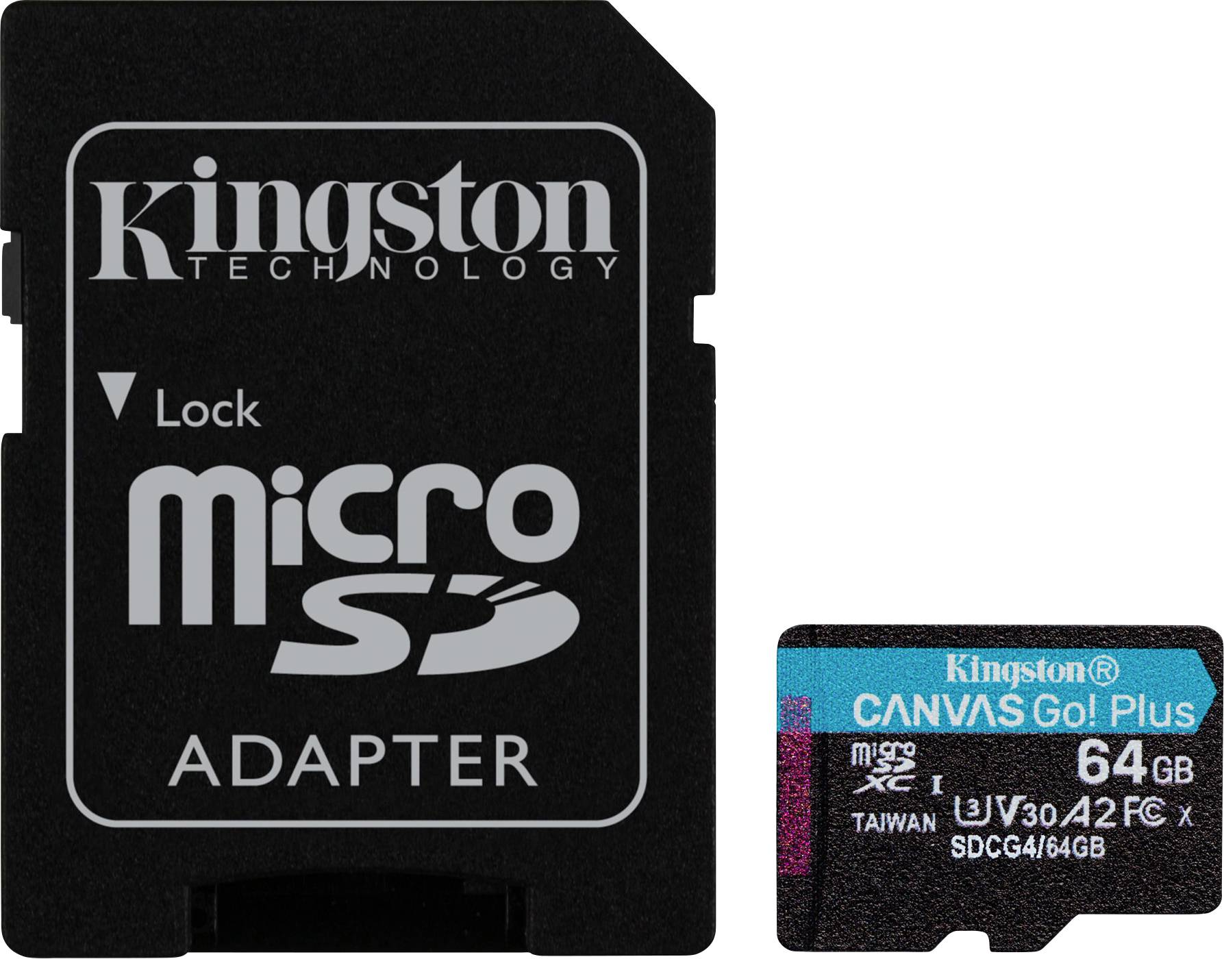 Carte microSD et adaptateur ; la carte porte l'inscription « Kingston Canvas Go! Plus, 64 Go ». L'adaptateur permet d'utiliser la microSD dans des emplacements SD standard.