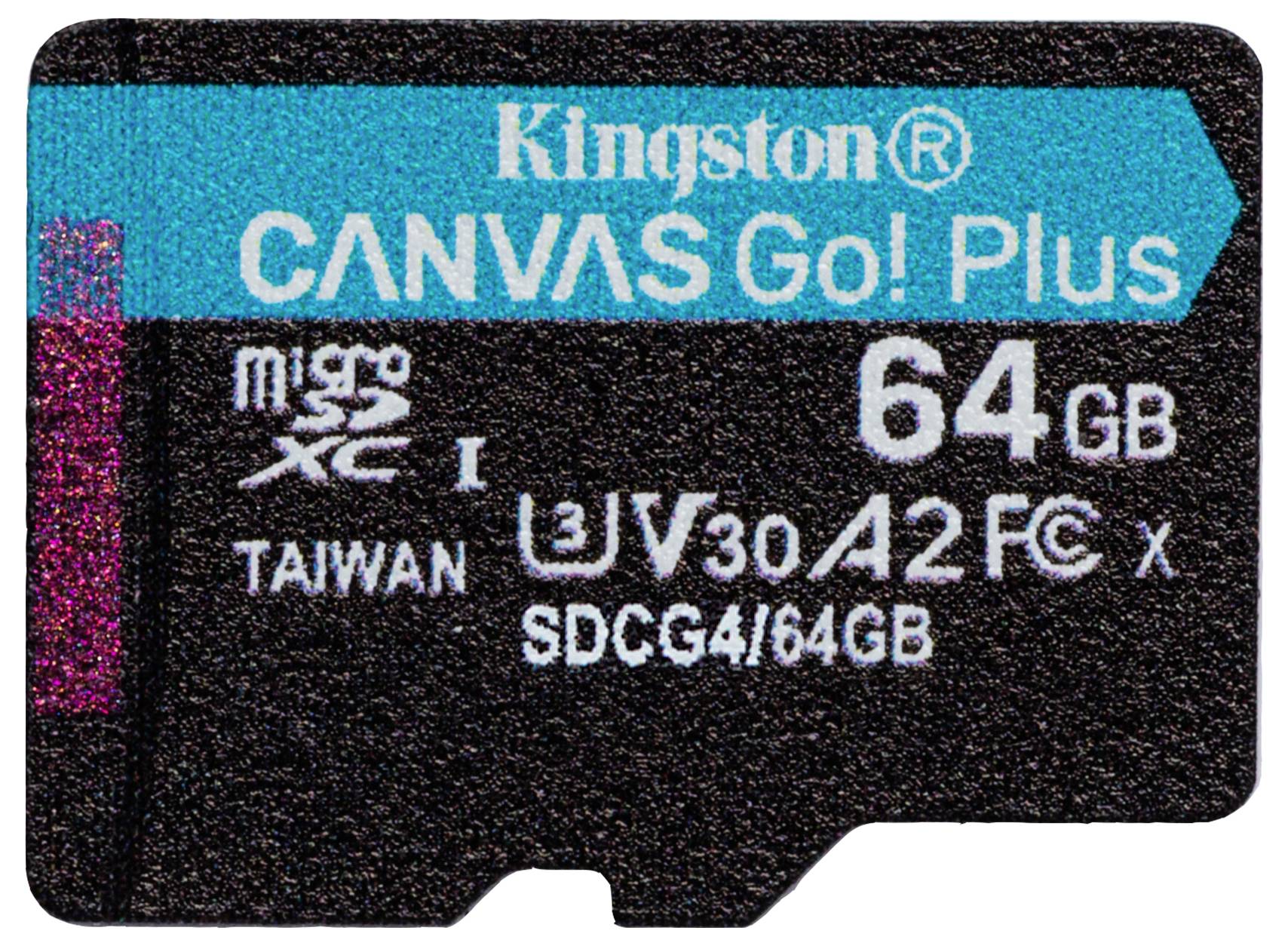 Une carte microSD Kingston de 64 Go avec notation « Canvas Go! Plus », U3, V30, A2, adaptée au stockage haute vitesse pour les appareils photo et les appareils mobiles.