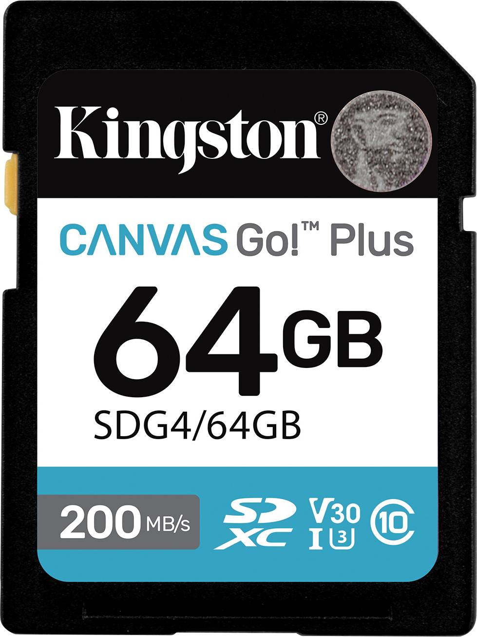Carte SD Kingston Canvas Go! Plus 64 Go, vitesse de 200 Mo/s, adaptée à l'enregistrement vidéo haute performance et à la photographie.