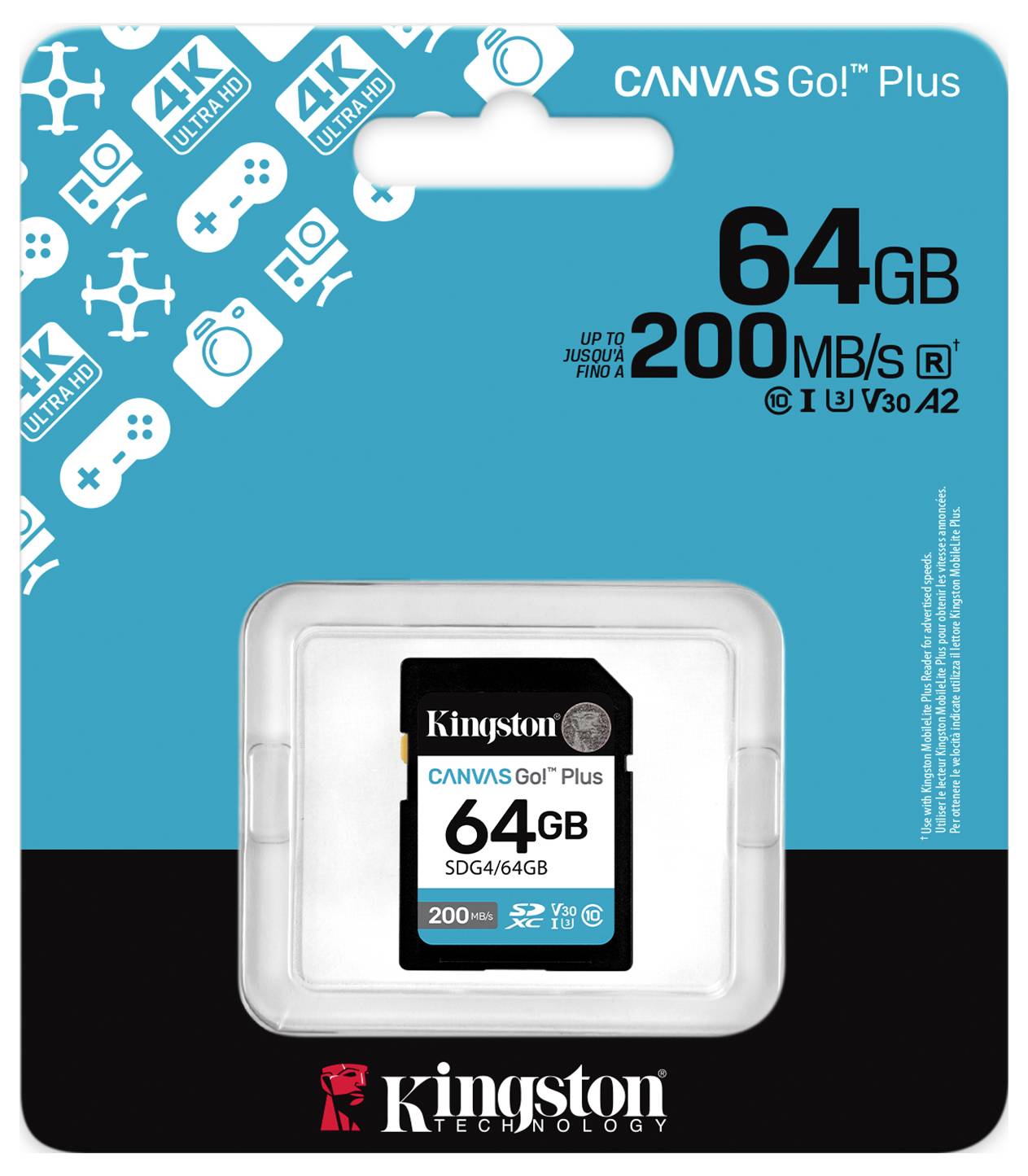 « Carte SD Kingston Technology Canvas Go! Plus 64 Go, vitesse de lecture jusqu'à 200 Mo/s, U3, V30, classement A2. Adaptée aux caméras 4K et caméras d'action. »