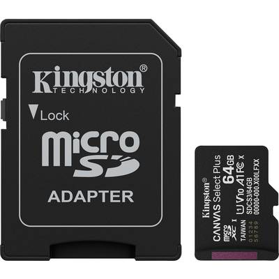 Adaptateur microSD de Kingston Technology et une carte microSD de 64 Go placés côte à côte.