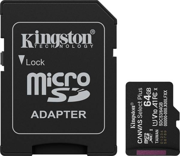 KINGSTON Canvas Select Plus Carte mémoire microSDXC 64Go Gen3 100MB/s A1 Adaptateur SD Inclus