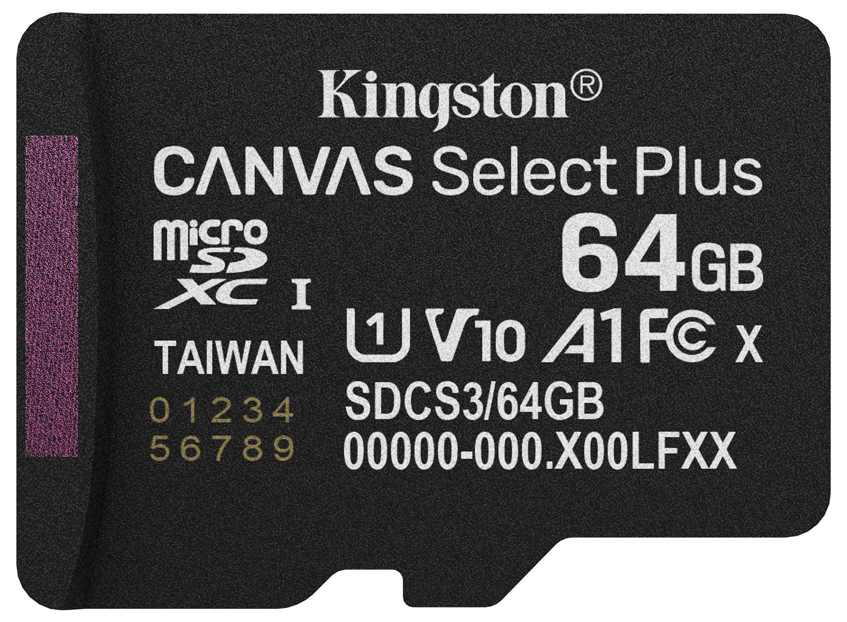 Carte microSD Kingston Canvas Select Plus, capacité de 64 Go, microSDXC UHS-I, V10 A1, fabriquée à Taïwan, modèle SDCS3/64Go.