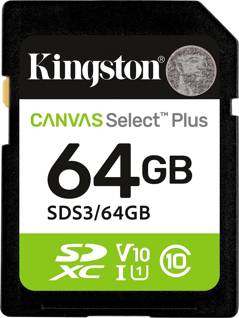 Carte SD Kingston Canvas Select Plus, capacité de 64 Go, avec des étiquettes indiquant les classifications de vitesse V10, U1 et Classe 10.