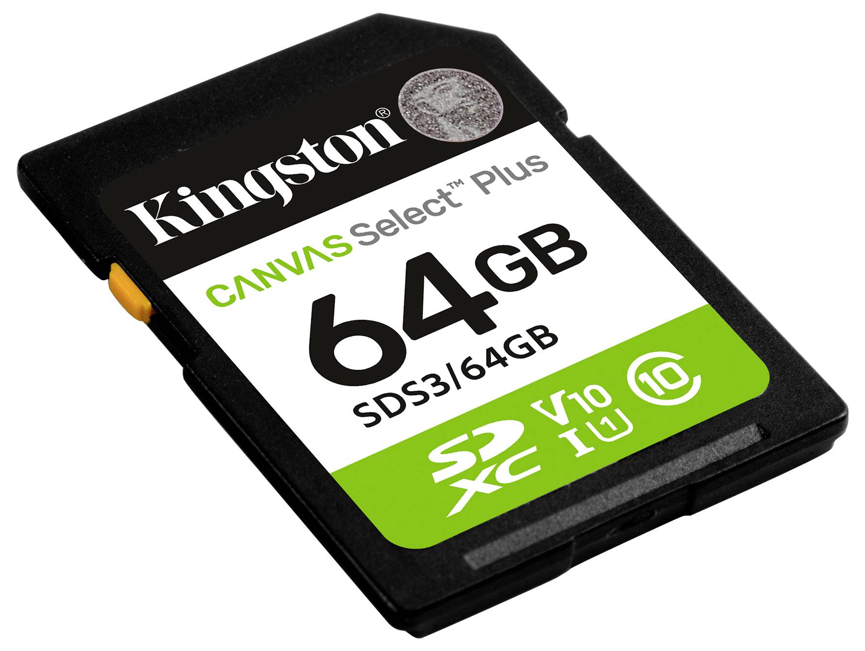 Une carte SD Kingston Canvas Select Plus de 64 Go, modèle SDS3/64GB, Classe 10, UHS-I.