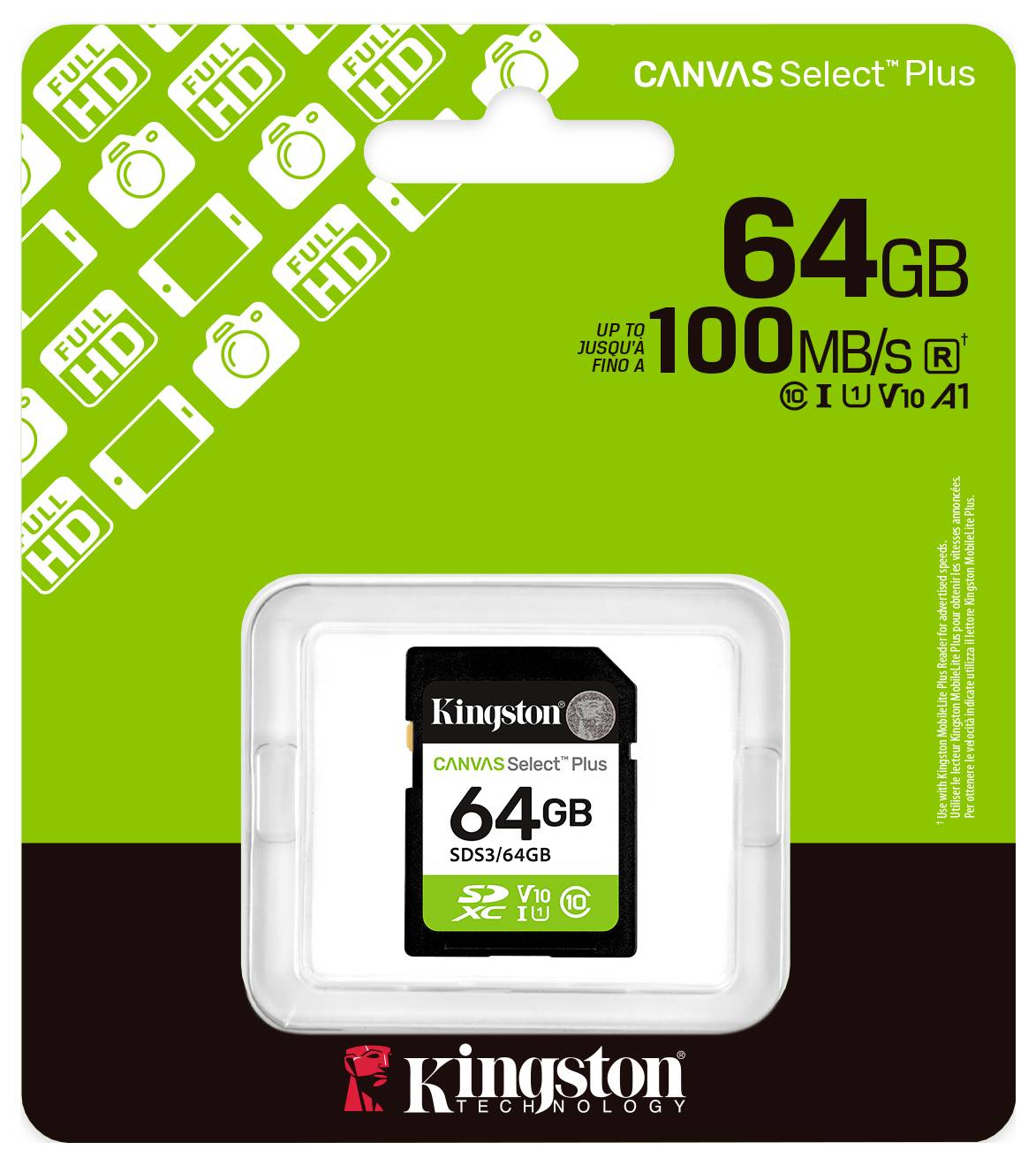 Carte mémoire Kingston de 64 Go Canvas Select Plus dans son emballage, avec une vitesse allant jusqu'à 100 Mo/s, idéale pour les vidéos Full HD et les photos.