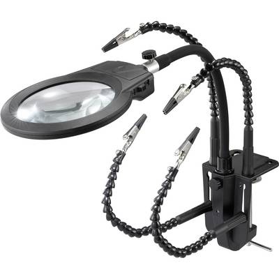 Une loupe avec un bras flexible fixée à une pince, utilisée pour des travaux de précision ou des inspections sans les mains.