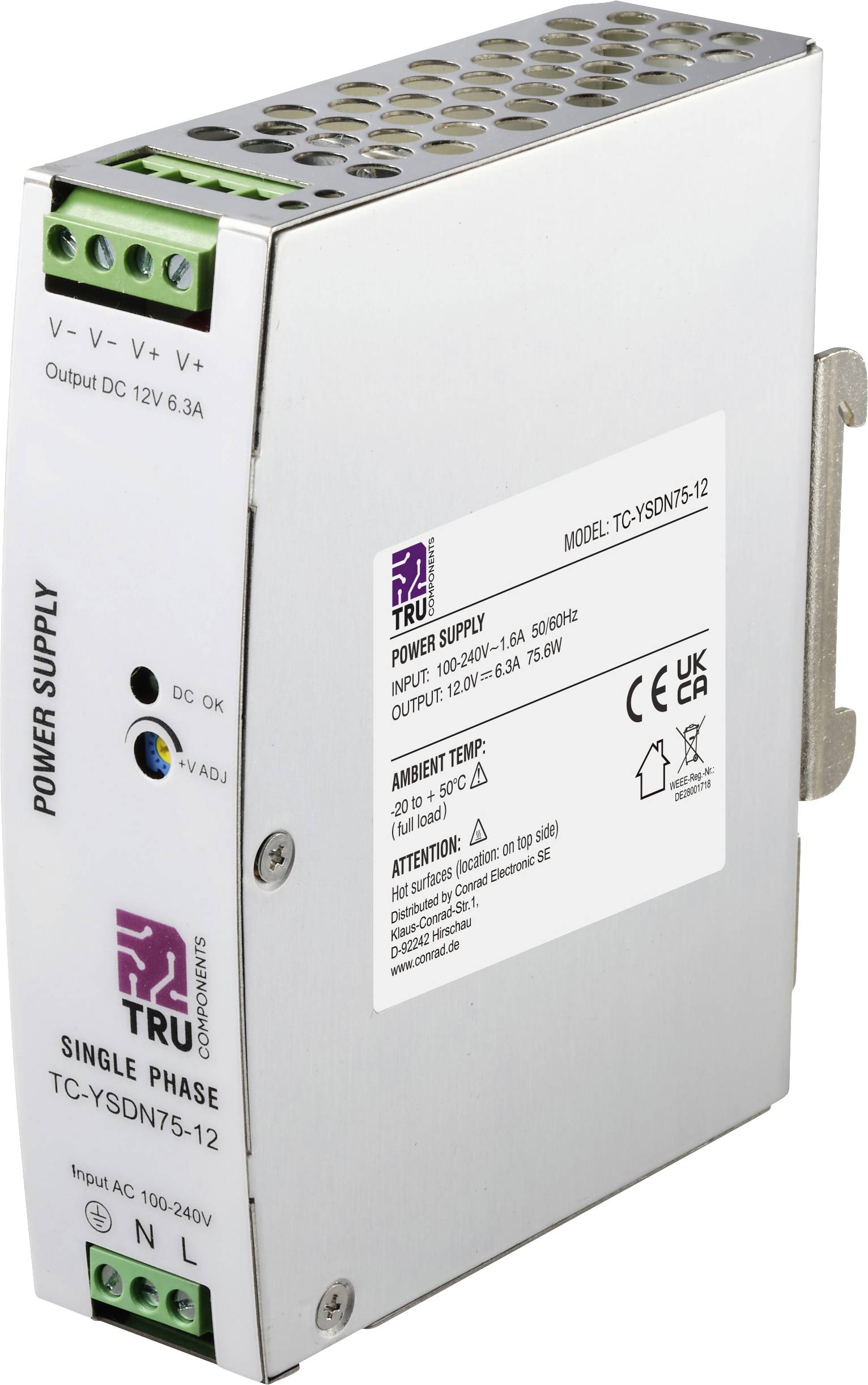 TRU COMPONENTS TC-13804588 Alimentation rail DIN 12 V/DC 6.3 A 75.6 W Nbr. de sorties:1 x Contenu 1 pc(s)