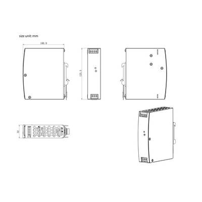 Dessin technique d'un appareil électronique avec dimensions indiquées : hauteur 96,5 mm, largeur 100,9 mm. Plusieurs vues latérales représentées.