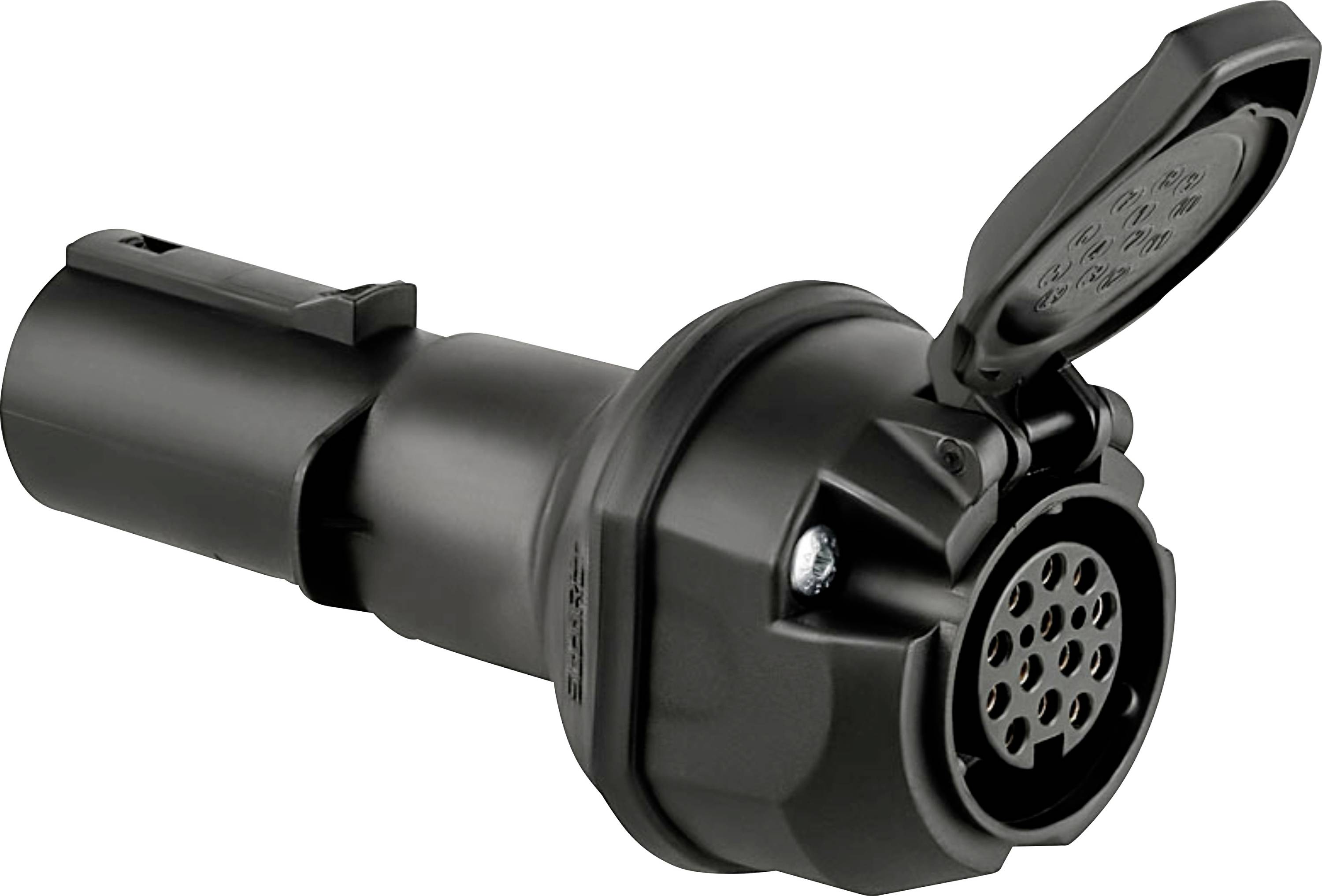 Un connecteur électrique noir avec un couvercle à charnière est présenté, présentant plusieurs broches pour la connectivité.